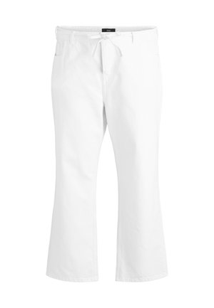 Białe spodnie damskie z wysokim stanem i szerokimi nogawkami, ze sznurkiem z przodu i bocznymi kieszeniami, prezentowane na białym tle.