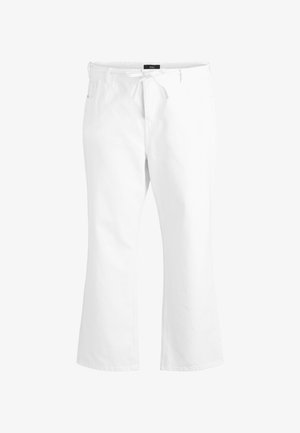 White high-waist wide-leg pants with front drawstring and side pockets, displayed against a white background.