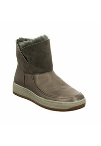 Brauner Knöchelstiefel mit einem glatten Lederkörper, Wildlederobermaterial und Kunstfellbesatz. Besitzt eine Gummisohle mit einer strukturierten Grip-Oberfläche.