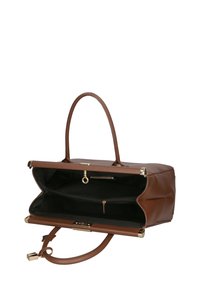 Borsa a mano in pelle marrone con un design strutturato, doppio manico e dettagli in oro; presenta un ampio interno nero con tasca con zip.