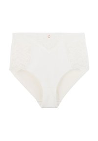 Culotte en coton blanc avec des panneaux en dentelle sur les côtés, ornée d'un petit anneau décoratif en or rose. Texture lisse et douce avec une coupe classique.