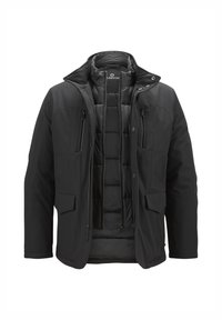 Schwarze wasserdichte Jacke mit hohem Kragen, Reißverschluss vorne, mehreren Taschen und einer gepolsterten Innenauskleidung zur Isolierung.