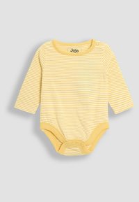 Geel gestreepte langemouwige bodysuit met een ronde halslijn, drukknoopsluiting aan de onderkant en zachte katoenmaterialen. Eenvoudig, functioneel ontwerp.