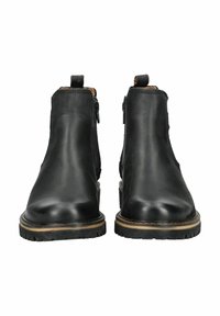 Black leather ankle boots with a smooth finish, side zippers, and contrasting rubber soles. Features a rounded toe and pull tabs.