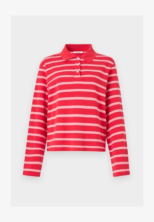 Tricou polo cu mâneci lungi, dungi orizontale roșii și albe, guler ascuțit și trei nasturi pe pată.