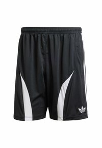 Shorts de sport noirs en tissu léger, avec des panneaux latéraux blancs et une taille élastique. Petit logo en bas à droite.