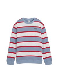 Sudadera tipo pullover con rayas horizontales en gris claro, azul y rojo. Fabricada en algodón, con cuello redondo y un pequeño logo negro en el pecho.