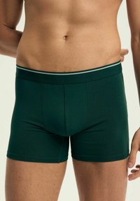 Ciemnozielone bokserki uszyte z miękkiego materiału, z wąskim elastycznym paskiem w dwukolorowy wzór.