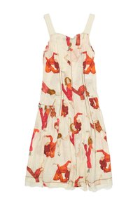Kremna obleka brez rokavov z nabrano krilo, ki prikazuje večkrat ponavljajoče se ilustracije žensk v rdeči in oranžni barvi v različnih pozah.