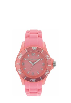 Rosa Armbanduhr mit Silikonarmband, rundem Zifferblatt, silbernen Stundenmarkierungen und Zeigern sowie Zahlenmarkierungen an den Positionen 12, 3, 6 und 9 Uhr.