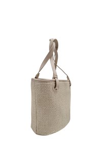 Borsa a spalla in paglia intrecciata beige con manici in pelle liscia e forma rettangolare. Presenta una texture sottile e un design strutturato.