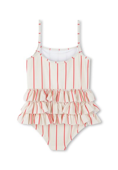 Maillot de bain à rayures avec fines bretelles, présentant un design à volants et superposé en blanc avec des rayures verticales rouges, confectionné en tissu lisse.