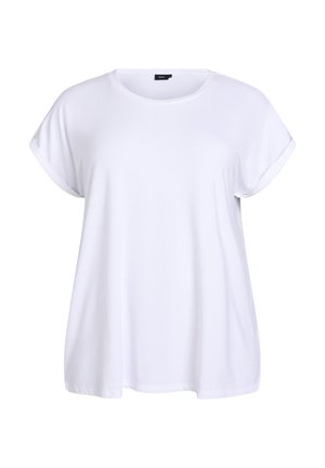 Hvid kortærmet t-shirt lavet af blødt stof, med rund hals og løs pasform, med opkrøllede ærmer og ingen synlige mønstre eller accenter.