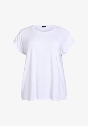 Hvid kortærmet t-shirt lavet af blødt stof, med rund hals og løs pasform, med opkrøllede ærmer og ingen synlige mønstre eller accenter.