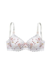 White bra with floral embroidery in pink, yellow, and green. Padded cups, scalloped edges, and satin straps. Features a decorative clasp.