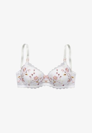 Weißer BH mit floralem Stickmuster in Rosa, Gelb und Grün. Gepolsterte Cups, gewellte Kanten und Satinschulterriemen. Verfügt über einen dekorativen Verschluss.