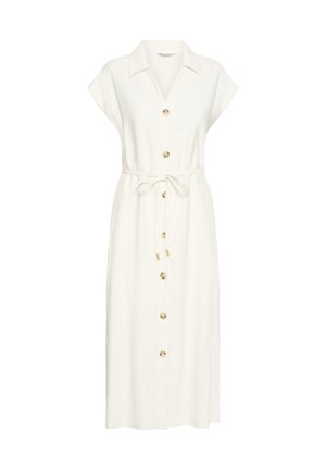 Vestito midi bianco con maniche corte, collo, bottoni frontali e cintura annodata in vita.