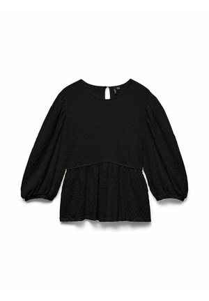 Blouse noire texturée à manches longues avec encolure ronde, taille froncée et manches bouffantes se terminant par des poignets élastiques.