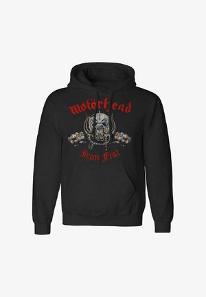 Black hoodie featuring a graphic print of a skull with horns, text reading "Motörhead" in red, and a front pocket.