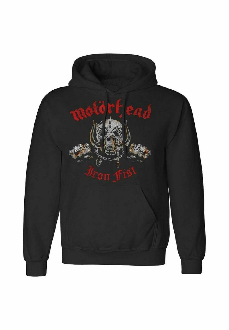 Svart huvtröja med ett grafiskt tryck av ett huvud med horn, texten "Motörhead" i röd färg, och en ficka fram.