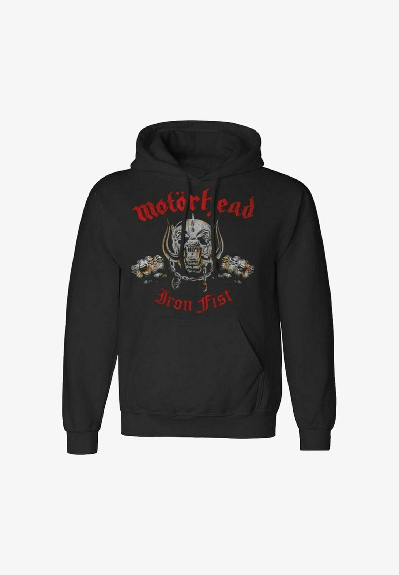 Svart huvtröja med ett grafiskt tryck av ett huvud med horn, texten "Motörhead" i röd färg, och en ficka fram.
