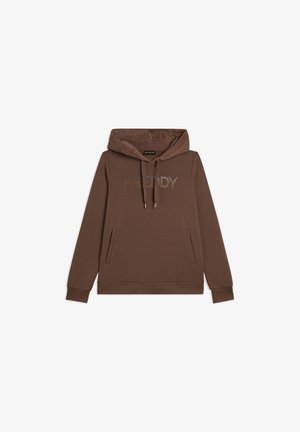 Sudadera con capucha marrón, con bolsillos frontales, cordón ajustable y "FREINDY" en embellishments de cristal en el pecho. Material de mezcla de algodón.