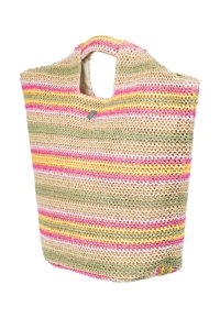Vævet tote taske lavet af naturlige fibre, med stribede mønstre i pink, gul og grøn, samt forstærkede håndtag og en knaplukning.
