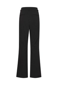 Pantalon noir sur mesure avec une coupe droite, des poches passepoilées à l'arrière et des passants pour ceinture sur la ceinture, vu de dos.