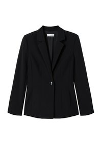 Černý dámský saka na míru s dlouhými rukávy, klopovým límcem, zapínáním na jeden knoflík a vypasovaným pasem.