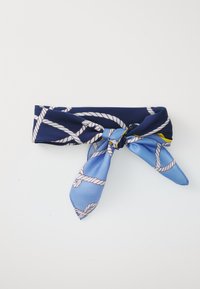 Navy blue scarf with a rope pattern, featuring light blue ends that are tied in a knot. Made of smooth fabric with a glossy finish.