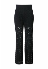 Zwarte gebreide broek met een losse fit, voorzien van een patroon in open geweven stof over de gehele lengte en een comfortabele elastische tailleband.