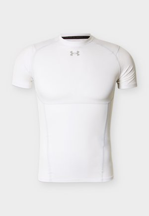 Camiseta deportiva de compresión blanca de manga corta con cuello redondo y pequeño logo reflectante de Under Armour en el pecho