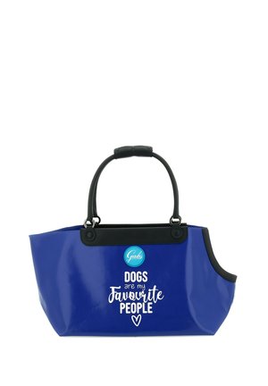 Borsa tote blu con manici neri e il testo "I cani sono le mie persone preferite" in bianco sulla parte frontale con un piccolo cuore sotto il testo.