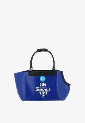 Borsa tote blu con manici neri e il testo "I cani sono le mie persone preferite" in bianco sulla parte frontale con un piccolo cuore sotto il testo.