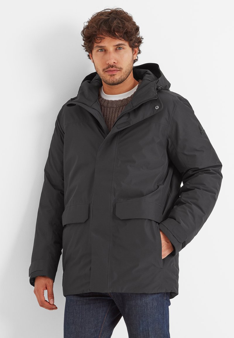 Dark gray insulated jacket with a hood, featuring a zippered front, two large pockets, and a durable fabric texture.