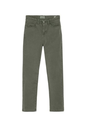 Pantalones de corte ajustado color verde oliva con botón frontal, cremallera, trabillas para cinturón y diseño de cinco bolsillos.