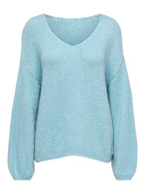 Šviesiai mėlynas megztinis su V formos iškirpte, ilgomis baliono formos rankovėmis ir švelnia tekstūra. Turi laisvą siluetą ir ribotą rankovių kraštelį.