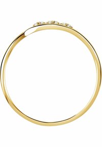 Goldring mit einem glatten, runden Band und drei kleinen, funkelnden Edelsteinen, die in einer Reihe auf der Oberseite gesetzt sind. Polierte Oberfläche.