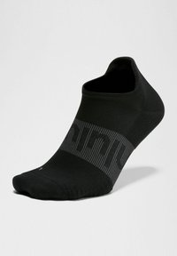 Czarna sportowa skarpetka o niskim kroju, z teksturowanym materiałem i szarym paskiem w środkowej części.