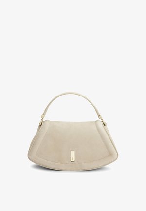 Beige suede handbag with a curved shape, single handle, gold hardware accents, and subtle stitching detail along the edges.