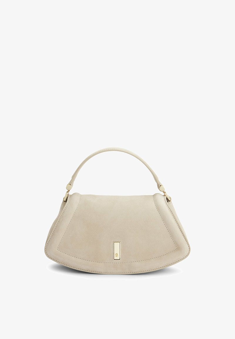 Beige suede handbag with a curved shape, single handle, gold hardware accents, and subtle stitching detail along the edges.