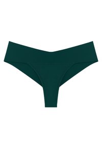 Mörkgröna tangaunderkläder med bred midjeband, slät tyg och minimal söm för en strömlinjeformad design.