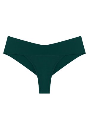 Dark green thong underwear featuring a wide waistband, smooth fabric, and minimal stitching for a streamlined design.