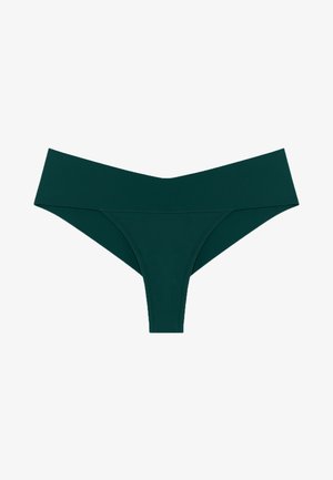 Tmavo zelené tangá so širokým pásom, hladkým materiálom a minimálnym šitím pre elegantný dizajn.