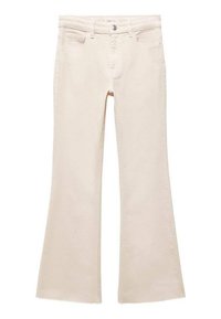 Jeans a zampa d'elefante color crema realizzati in denim, con una vita standard, passanti per la cintura e due tasche frontali, dal texture liscia.