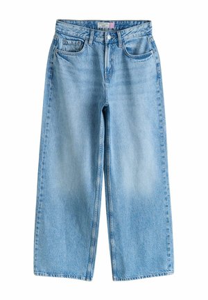 Hellblaue Jeans mit weitem Bein aus Denim. Verfügt über ein klassisches Fünf-Taschen-Design und einen Knopfverschluss am Bund.