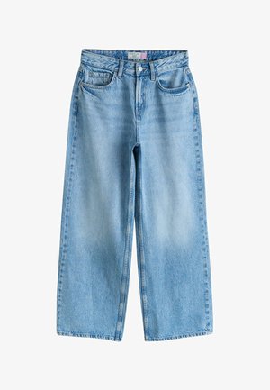Hellblaue Jeans mit weitem Bein aus Denim. Verfügt über ein klassisches Fünf-Taschen-Design und einen Knopfverschluss am Bund.
