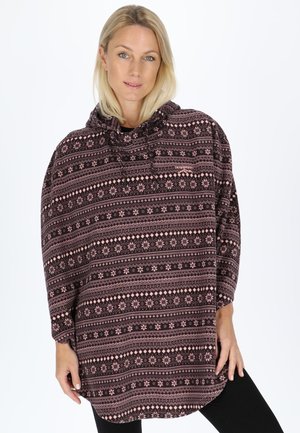 Hooded pullover in dark purple with a geometric pink and white pattern, featuring long sleeves and a curved hem. Soft, cozy fabric.