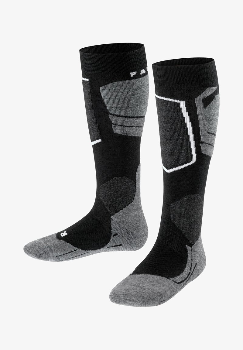 Schwarz-graue knielange Socken mit einem strukturierten Muster, ausgestattet mit verstärkten Bereichen, einem elastischen Bündchen und einem kontrastierenden Logodesign.