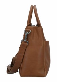 Braune Lederhandtasche mit zwei kurzen Griffen, einem abnehmbaren Schultergurt und einer Seitentasche. Verfügt über einen Reißverschluss und metallische Hardware-Akzente.